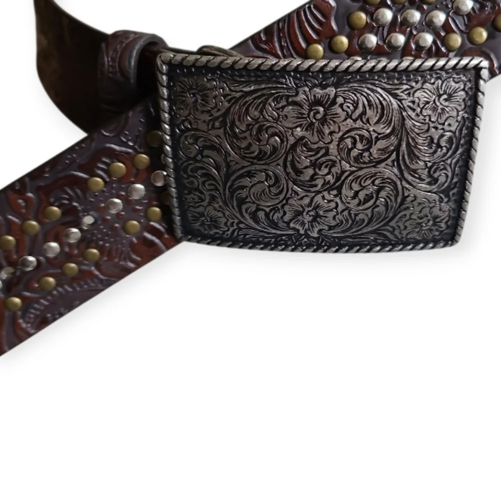 Vintage Y2K Perry Ellis Western Belt Embellished Scroll Design Faux Leather Brwn